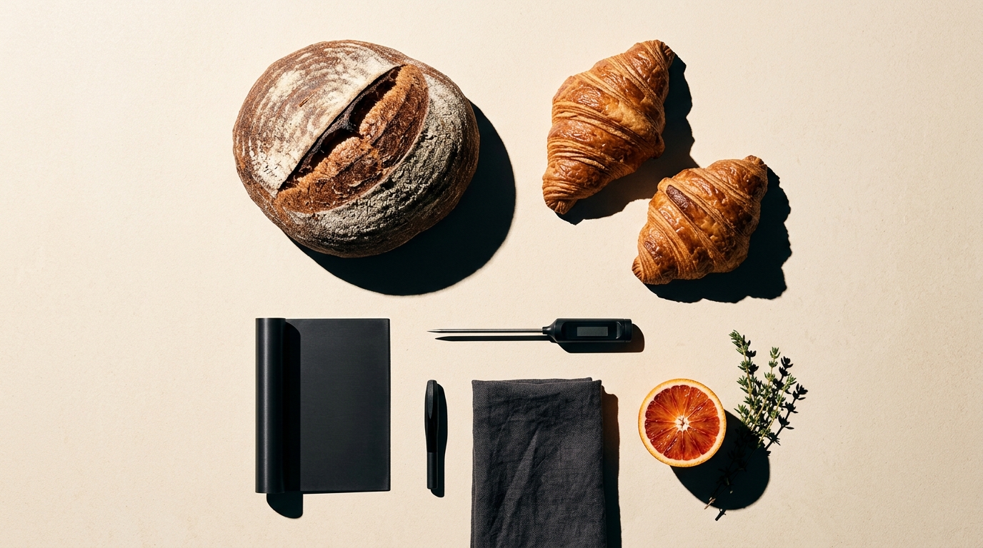 Commercial artisanal bakery workspace, sourdough loaves, and pastry equipment